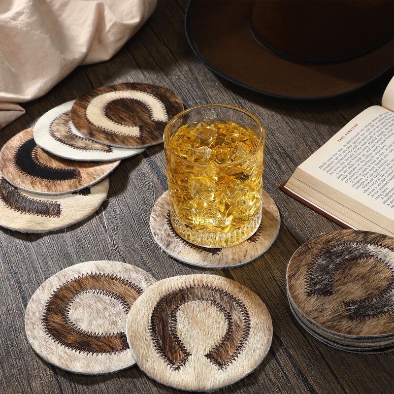 Hushee 12 Pcs Cowhide Coasters Round Natural Leather Cowhide Drink