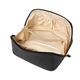 Travel Makeup Bag Large Capacity Cosmetic Bag PU Leather Toiletry Bag for Women Makeup Organizer with Divider and Handle (Black)