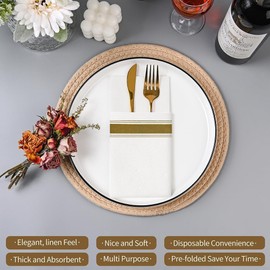 YIDUHAO Pocket Napkins,Disposble Cloth Like Napkins,Built-in Flatware Pocket,Decorative Wedding Napkins with Gold Stripe Print,Pre-Folded Party Napkin, Soft, Strong, Absorbent,Pack of 50
