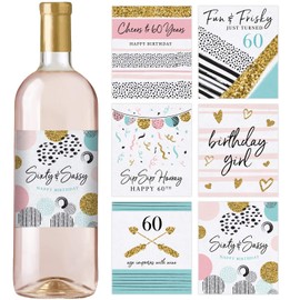 60th Birthday Wine Bottle Labels, Set of 6 Waterproof Labels, Birthday Gifts For Her, 60th Birthday Party Decorations, Ideas and Supplies