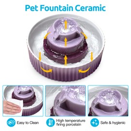 VinDox 2.1L Ceramic Cat Water Fountain-for Cats and Dogs, 360 Ceramic Pet Fountain-70 Oz Large Water Capacity - Whisper-Quiet Water Flow-Great for Shy or Timid Pets - Fresh, Filtered Water(Purple)