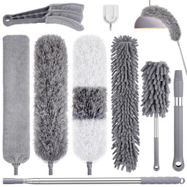 9PCS Dusters for Cleaning,Extendable Microfiber Duster with Extension Pole Up to 100'',Bendable Washable and Reusable Dusters Kit for Ceiling Fans, High Ceilings,Blinds,Furniture and Cars