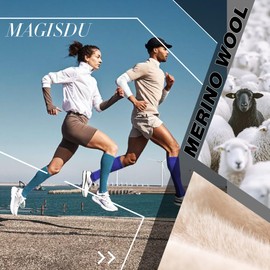 MAGISDU Merino Wool Compression Knee High Running Socks 2 Pairs 15-20 mmHg Cushion Moisture Wicking Hiking Nurse Travel