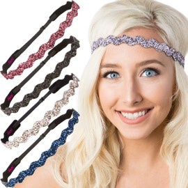 Hipsy PETITE Size, Adjustable No Slip Sparkly Bling Glitter Wave 5pk Headbands for Women Girls & Teens (Wave Navy/Rose Gold/Black/Pink Rose/Gunmetal)