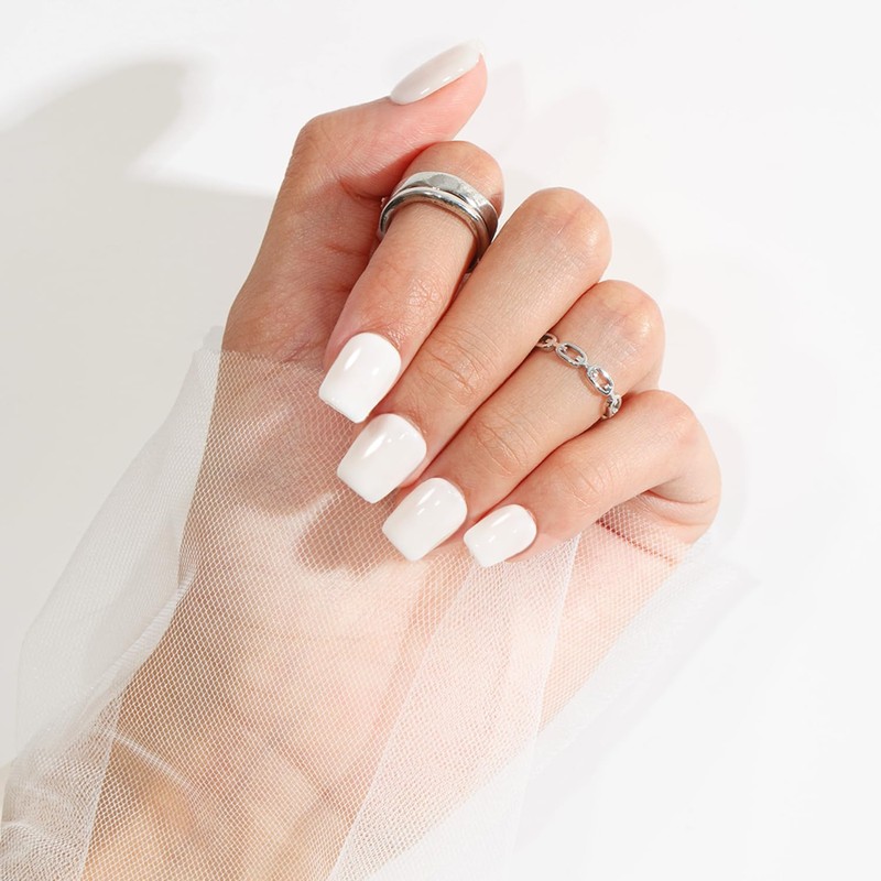 KQueenest White Press On Nails Short Square - Acrylic Press