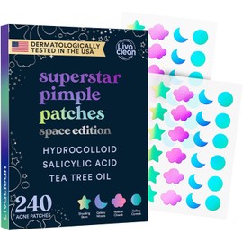 LivaClean 240 Ct Parches Lindos Para Acné Holográficos - Edición Espacial Con Ácido Salicílico Y Aceite De Árbol De Té Para La Cara - Parches Hidrocoloides De Espinilla Estrella