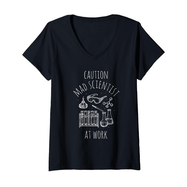 Womens CAUTION Mad Scientist AT WORK Mad Scientist Costume V-Neck