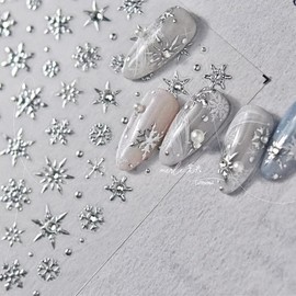 Snowflake Nail Art Stickers Decals Laser Silver Christmas Snowflake Nail Stickers Winter Snowflake Shiny Rhinestone 5D Embossed Self Adhesive Nail Decals Xmas Nail Art Decoration Supplies for Women