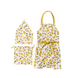 Lep 534229 Habitual Bromma Kids' Apron 3-Piece Set, Yellow, Floral Pattern, Bandana, Drawstring Included, 100% Cotton, Machine Washable, For Children, Women's, Girls, Schools, Cooking Practice,
