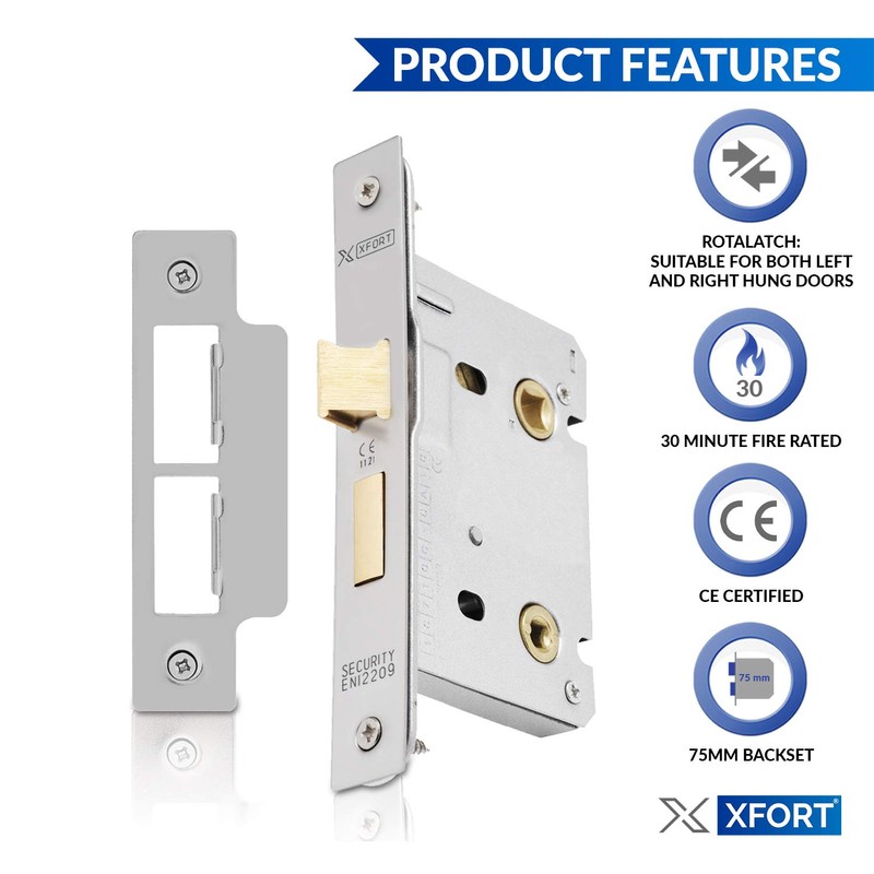 XFORT® Satin Chrome Bathroom Lock 75mm for Internal Wooden Doors,