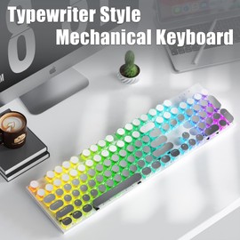 TISHLED Tri-Mode Typewriter Style Mechanical Gaming Keyboard, Bluetooth 5.0/Wireless 2.4G/Wired USB, RGB LED Backlit 104-Key NKRO Linear Red Switches Aesthetic Round Keycaps, Gradient Grey