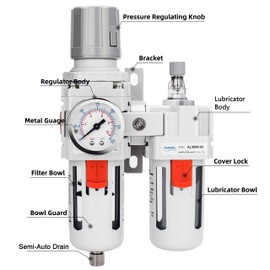 NANPU 3/8" NPT Compressed Air Filter Regulator Lubricator Combo Water/Oil Trap Separator - Gauge(0-150 psi), Poly Bowl, Semi-Auto Drain, Bracket - 3 in 1 Two Unit