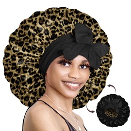 BONNET QUEEN Large Silk Bonnet for Sleeping Satin Bonnet Big Hair Bonnet Jumbo Braid Bonnet Double Layer Tie Bonnets Night Hair Wrap for Women Curly Hair Leopard