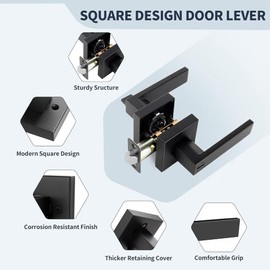 FARDEER Door Knob with Lock for Internal Wooden Bathroom Doors,Stainless Steel Bathroom Flat Reversible Door Handle Square Door Lock Set Without Key Black