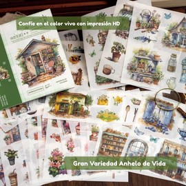 Libro Pegatinas Vintage Journal Albumes de Recortes 50 Hojas Pegatinas Washi Precortadas Papel Decorativo Notas Sticker Paisajes Naturaleza Café (Verde)