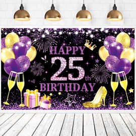 Purple Gold Happy Birthday Decoration Backdrop Banner Girls Women 25th Birthday Decorations Anniversary Party Supplies Photo Photography Flash Purple Gold Banner Background Poster Booth Deco
