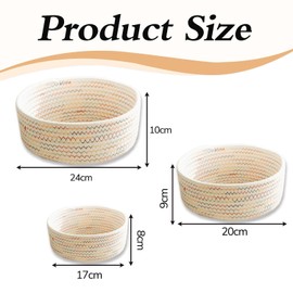 Roczential 3 Pack Cotton rope Storage basket Set, Oval woven nursery storage basket,Cute Dog Toy Basket Baby Nursery Hamper Shelf Decorative Bin,soft fabric basket (Round)