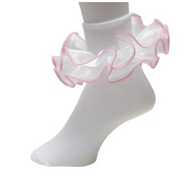 Girls Double Ruffle Socks - Big Full Organza with Trim Pageant Fanfare Foldover Ankle Style - 6-12 Month Old (Size 3-4, White w/ Pink Trim)