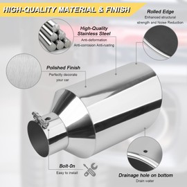 Vurkcy 4 inch Inlet Exhaust Tip, 8" Outlet 15" Overall Length Stainless Steel Exhaust Tail Pipe, Bolt-On, Rolled Edge, Slant Sleek Angle Cut, Polished Tailpipe, Silvery﻿