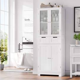 HORSTORS HORSTORS 67" Tall Storage Cabinet, Freestanding Pantry Cabinet with Glass Door and Shelves, Linen Bathroom Cabinet with 2 Drawers for Living Room, Kitchen, Dining Room, Office, White