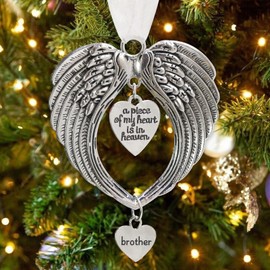 MOTONG Christmas Memorial Ornament Baubles, Angel Wings Pendants Shape ”a piece of my heart is in heaven” Two Sweet Heart Shaped Ornaments For Christmas Tree Hanging Decoration(Brother)