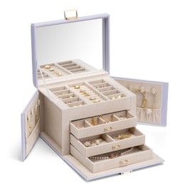 Vlando Jewelry Box 4-Tier,Jewelry Boxes & Organizers with Handle,3 Drawers Travel Jewelry Case with Mirror,Jewelry Storage,Earrings Necklace Rings Christmas Gift for Women Girl Purple