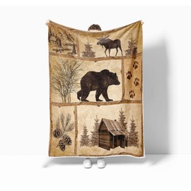 Bzhilja Rustic Cabin Throw Blankets, Farmhouse Country Antique Bear Moose Forest Vintage Wood Cozy Warm Bed Couch Blanket, Hunting Camping White Fleece Flannel Throws to Decorate The Room and Bedroom