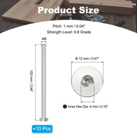 PATIKIL M6 x 100mm Flat Head Socket Cap Screws, 10 Pack 304 Stainless Steel 18-8 Machine Screws Flat Countersunk Bolts Hex Socket Drive Fasteners Grade 6.8