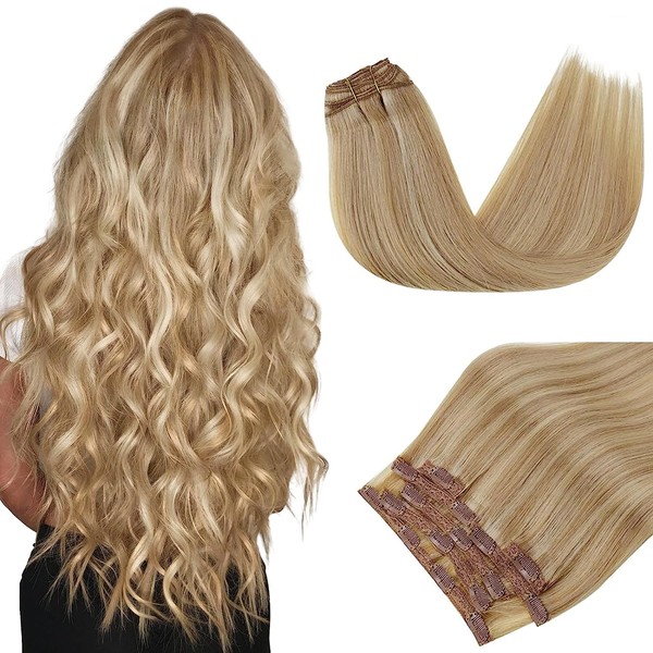 Runature Clip Extensions Real Hair Golden Blonde with Light Blonde, Remy Clip-In Real Hair Extensions, 50 cm, 120 g #16P24