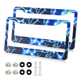 SDMKA Blue Lightning License Plate Frames 2 Pcs 2 Holes Aluminum License Plate Frame Car License Plate Holder with Screw Caps, Round Hole