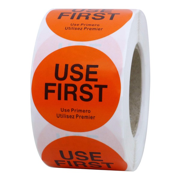 Hybsk Orange"USE First" Trilingual Removable Label 1.5 Inch Total 500