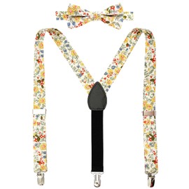 BELLUNO Boys' Floral Suspenders and Bow Tie Set, Pre-Tied Cotton Bowtie for Kids from Toddlers to Teens