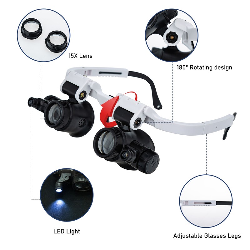 Loupe Magnifier Glasses Head Mount with LED Light Adjustable Glasses