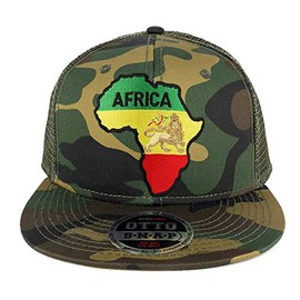 RGY Africa Map and Rasta Lion Embroidered Patch Camo Flat Bill Snapback Mesh Cap - Olive