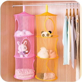 Mesh Hanging Storage Basket With 3 Compartments Foldable Hanging Storage Organizer Net Bag for Toys Storage, Space Saver Sundries Clothes Bra Underwear Socks Drying Basket Laundry Hamper (Yellow)