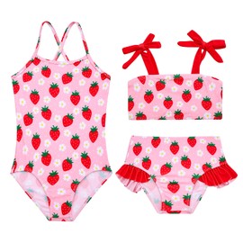 Cuddomper Girls Swimsuit Two Sets Matching Bathing Suits Tikini Strawberry Bikini Set 5-6 Years Adjustable Strap Summer Beach Swimwear