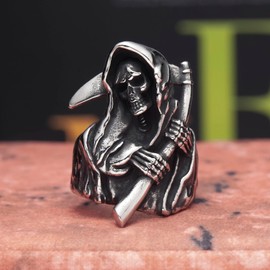 WESTMIAJW Mens Skull Ring Stainless Steel Gothic Punk Grim Reaper Skull Rings Jewellery for Men Size V1/2