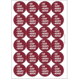 Eat Sleep Hearts Repeat Circular Matt Paper Stickers A4 Sheet of 24 (Each Sticker is 45mm Diameter)