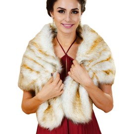 Aukmla Women's Wedding Fur Wraps and Shawls Bridal Fur Stoles Scarf with Rhinestones Brooch for Bride and Bridesmaids (White+Champagne, US 16-22 (L-2XL))