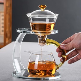 Magnetic Glass Tea Pot Semi Automatic lazy Kungfu Drip TeaPot Magnetic Rotation Heat Resistant Teapot Magnetic Attraction Water Rotating Cover Bowl Suitable for Home/Office Reception Tea Set