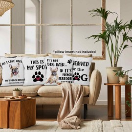 MONALET Funny French Bulldog Hair Throw Pillow Covers 18x18 Set of 4, Reserved for the Dog Decor Cases for Bedroom Living Room Couch Bed Sofa, Bulldog Pillowcases Gifts for Dog Lover