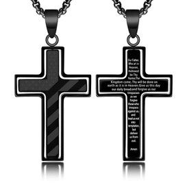 Cross Necklace for Men, American Flag Lord's Prayer Black Stainless Steel 24inch Box Chain Inspirational Motto Cross Necklaces Jewelry USA Patriotic Bible Verse Christian Religious Gift