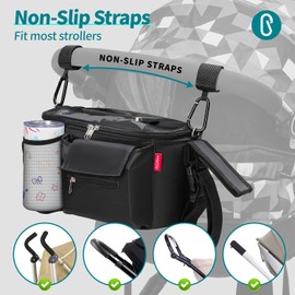 ALLONWAY Stroller Organizer, Stroller Caddy with 2 Hooks, Universal Stroller Organizer with Cup Holder and Phone Bag, Stroller Bag Organizer fits Doona, Baby Jogger, Uppababy (Black)