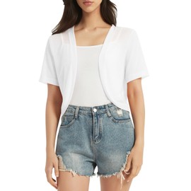 Soudittur Bolero Women's Festive Short Sleeve Bolero Jacket Summer Elegant Cardigan Casual Mesh Bolero Shrugs, Slightly Transparent, White, S