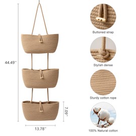 TeoKJ 3-Tier Cotton Rope Baskets with Button Strap Over the Door Wall Hanging Baskets for Nursery, Living Room, Bathroom, Door Storage Organizer for Decoration-Jute