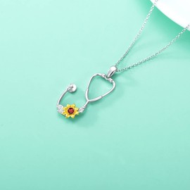 LONAGO Stethoscope Sunflower Necklace with Simulated Birthstone 925 Sterling Silver Medical Doctor Pendant RN Registered Nurse Student Graduation Jewelry Gift for Women (1)