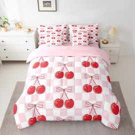 Feelyou Cherry Bow Comforter Set with Sheets Cute Bowknot Fruit Bed in a Bag for Kids Boys Girls Bedroom Bed Decor Summer Cherry 7 Piece Bedding Set Twin Size Princess Bow Bed Set for All Season