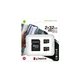 Kingston Canvas Select Plus microSD Card SDCS2/32 GB-2P1A Class 10 (2 x cards, SD Adapter Included)