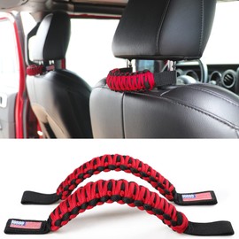 RERPRO Paracord Front Headrest Grab Handles for Auto Car Trucks SUV Off Road UTV Back Seat Handle for Jeep Wrangler Gladiator Ford Bronco Toyota Tacoma 2 Pack US Flag Red