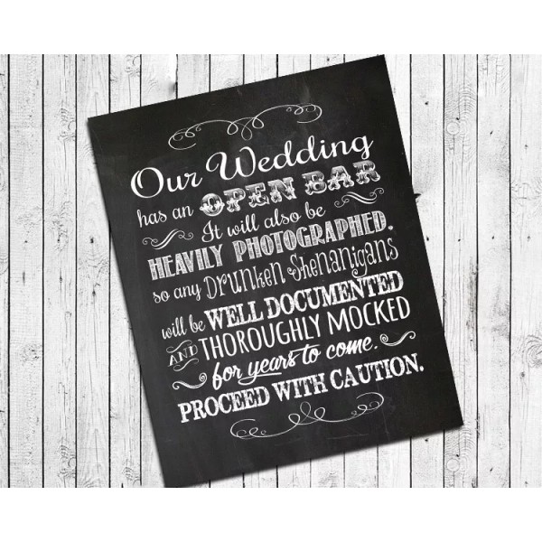 Handmade Wedding Decor OPEN BAR Print, Rustic Look Humorous 8x10